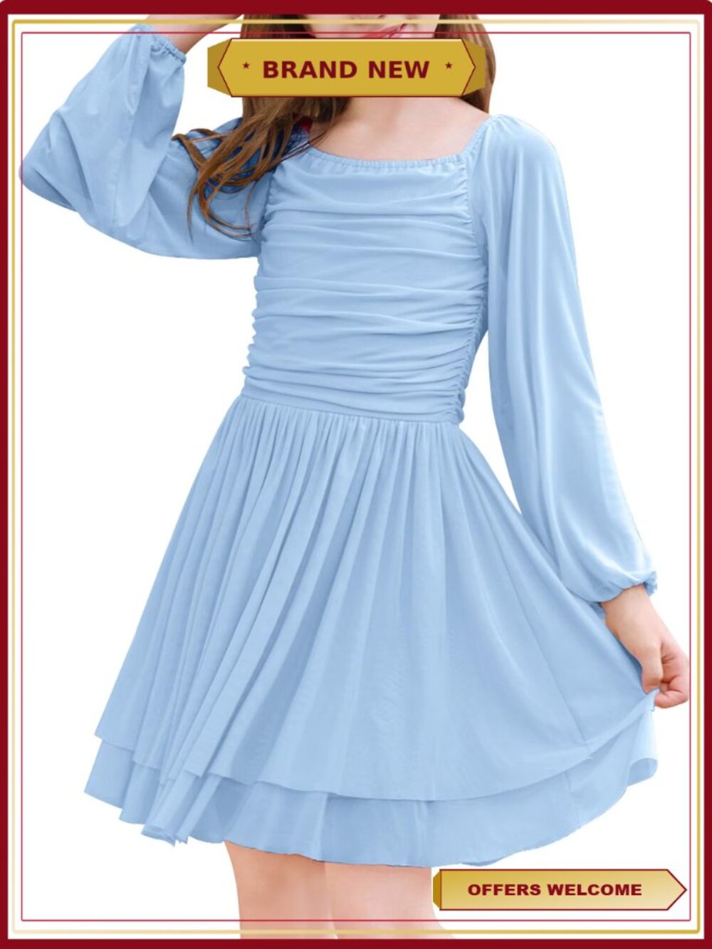Girls Puff Sleeve Square Neck A-Line Mini Dress Homecoming Party